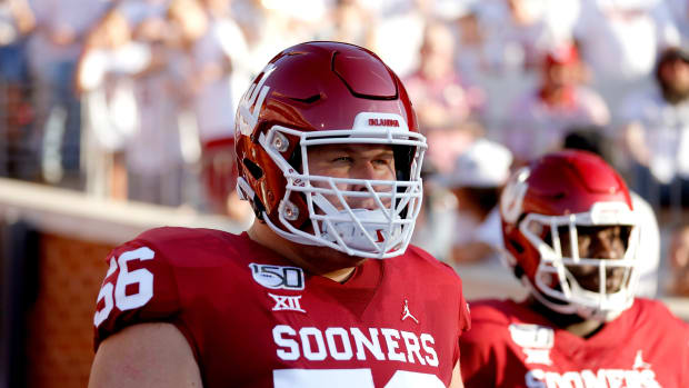 OU's Creed Humphrey (56) walks to the field before the 2019 season opener against Houston at Gaylord Family-Oklahoma Memorial Stadium in Norman. creed